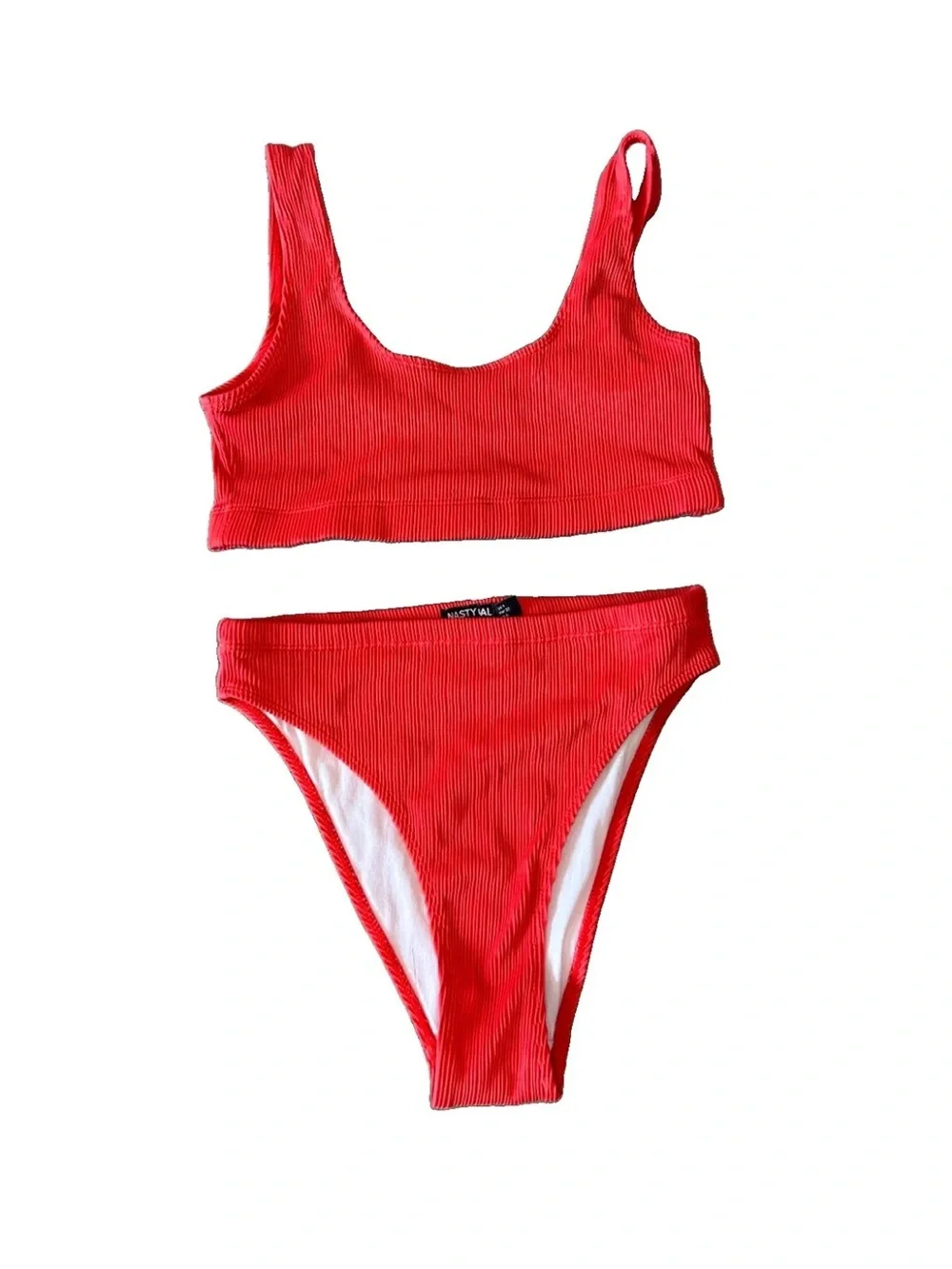 Nasty Gal Ribbed Red High Waist Bikini Set XS High Cut Scoop Neck
